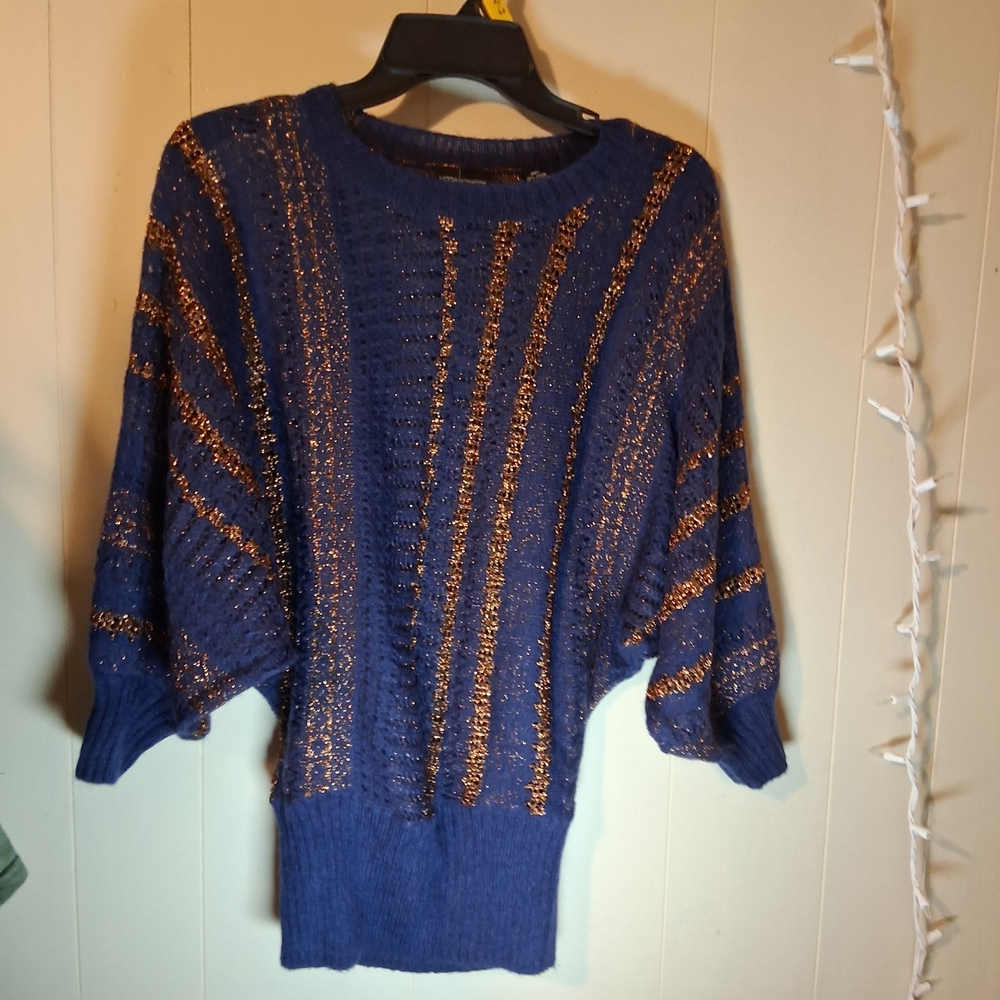 Moda International Navy Blue Sweater with Metallic Copper Stripes